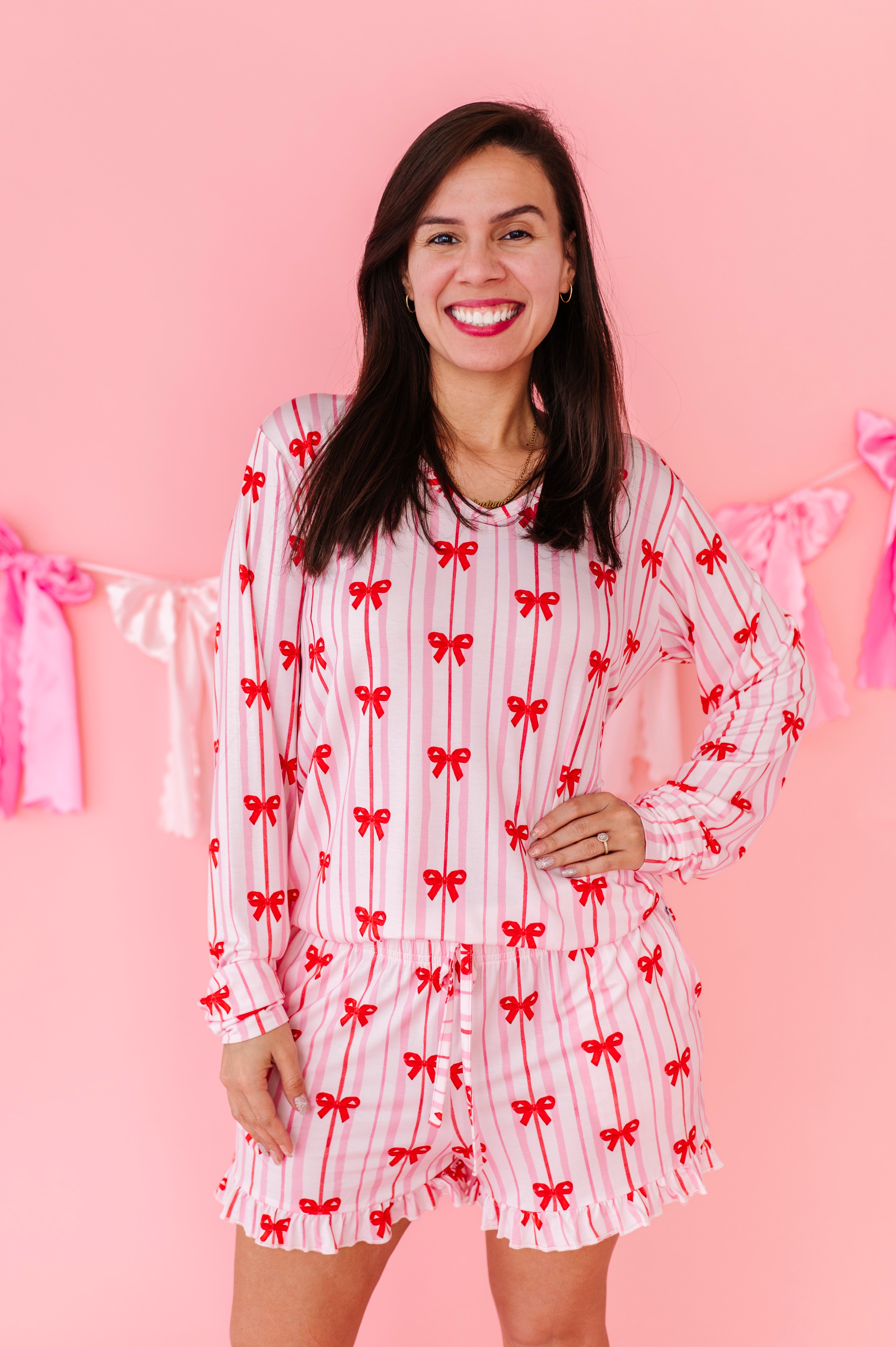 Women’s bamboo lounge set with red bow print and pink stripes